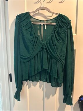 Free people Dark Green Women's Ruffled V-Neck Blouse